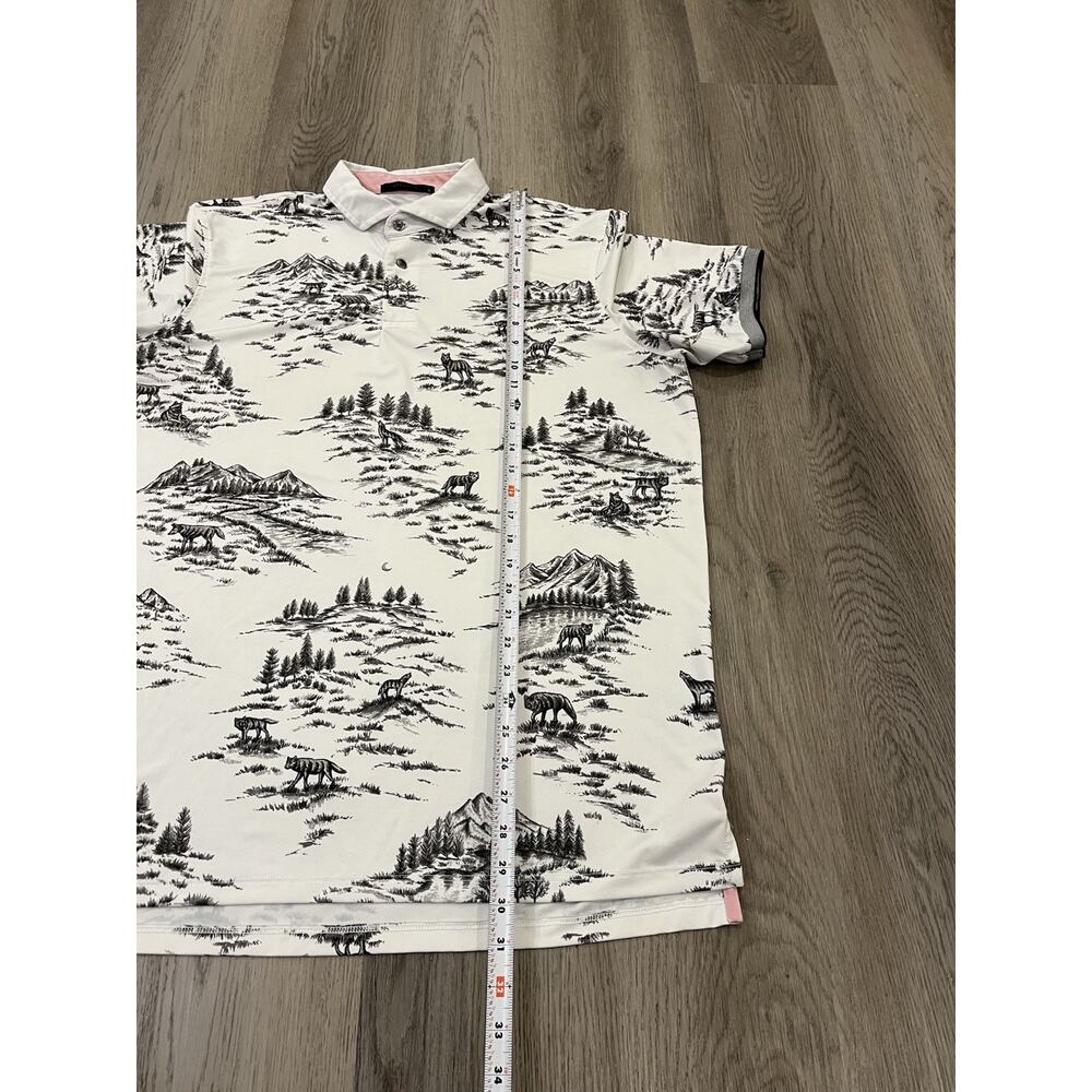 Greyson Mens Large Wolf Toile Polo Shirt Arctic White Black Scenic Print - Picture 6 of 7